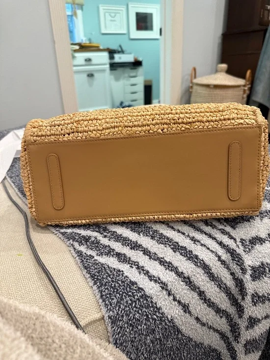 Pamela Munson “Teddy Bag” Neutral Woven Straw Tote Bag with Camel Leather Trim - Picture 4 of 8